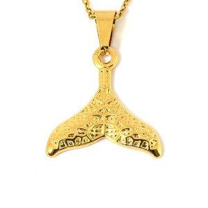 Gold Whale Fin Necklace, Tail Pendant, Animal Jewelry in Stainless Steel