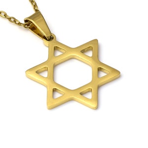 Gold Star of David Necklace in Stainless Steel, Golden Shield Hexagram Pendant, Jewish Judaism Jewelry