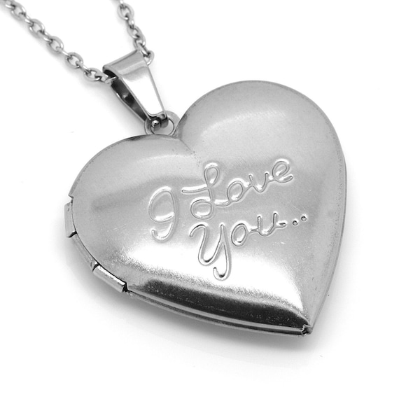 Heart Locket Necklace, Text Pendant, I Love You Jewelry in Stainless Steel