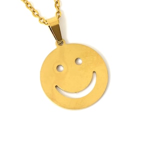 Gold Smiley Necklace, Happy Pendant, Lucky Symbol Jewelry in Stainless Steel