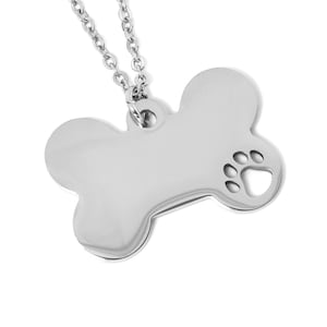 May include: Silver dog bone pendant necklace with a paw print cutout. The pendant is attached to a silver chain.