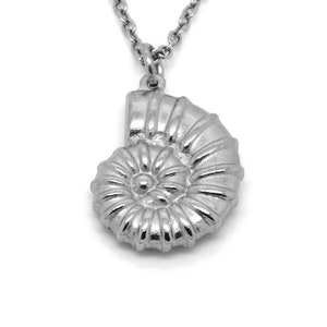 Può includere: Collana d'argento con un ciondolo a forma di conchiglia di ammonite dettagliata.
