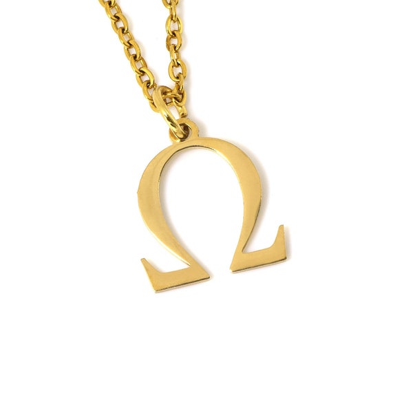 Gold Omega Necklace, Golden Greek Letter Pendant, Ohm Resistance Symbol Jewelry in Stainless Steel