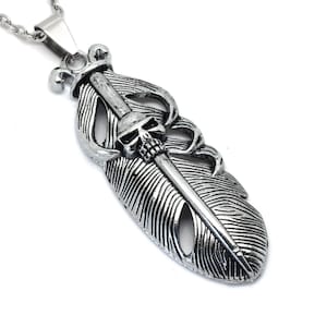 Big Raven Feather with Human Skull Necklace, Rock Pendant, Punk Jewelry