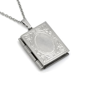 Silver Book Locket Necklace in Stainless Steel, Librarian Jewelry, Bookworm Reader Pendant