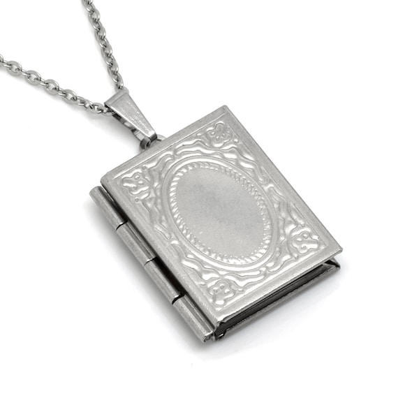 Silver Book Locket Necklace in Stainless Steel, Librarian Jewelry, Bookworm Reader Pendant