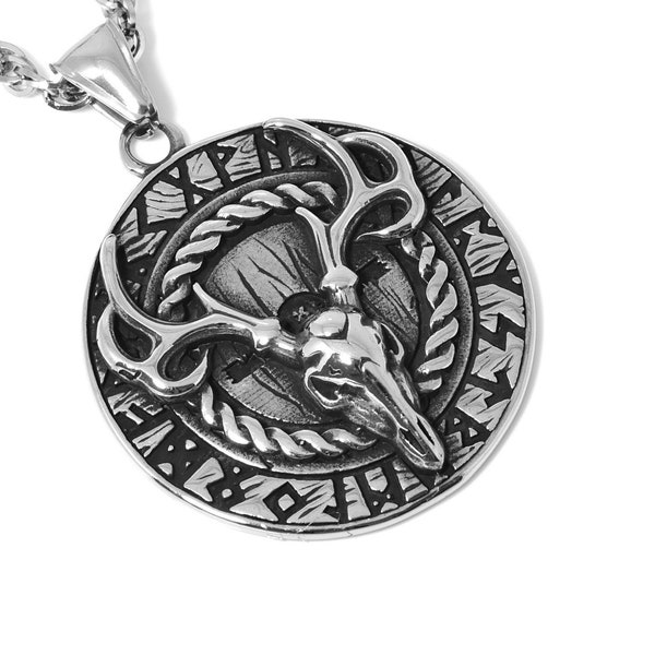 Deer Skull Necklace, Viking Pendant with Futhark Runes, Norse Mythology Jewelry in Stainless Steel with 3.3 mm Rope Chain