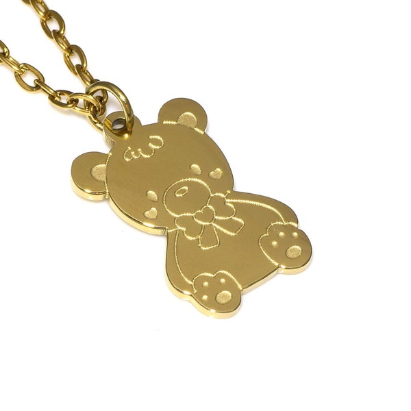 Gold Teddy Bear Necklace, Golden Toy Pendant, Cute Jewelry in Stainless Steel