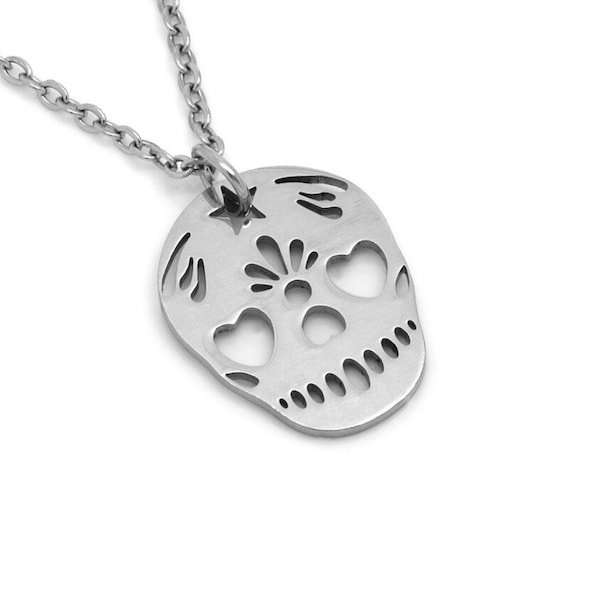 Sugar Skull Halskette aus Edelstahl, Silber Day of the Dead Anhänger, Halloween Schmuck