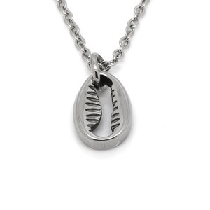 May include: A silver necklace featuring a shell-shaped pendant. The pendant has a detailed design and a smooth, polished finish.