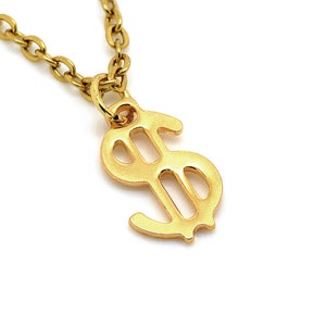 Small Golden Dollar Sign Necklace, Gold Money Charm, Wealthy Rich Jewelry