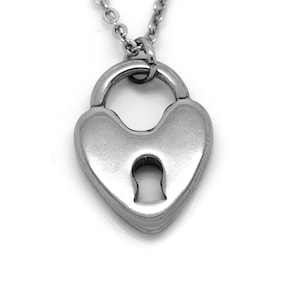 Heart Shaped Padlock Necklace in Stainless Steel, Silver Lock Pendant, Lovers Jewelry