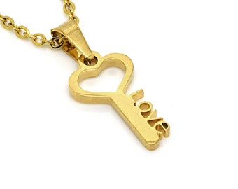 Gold Heart Key with Love Text Necklace, Word Pendant, Key to My Heart Jewelry in Stainless Steel