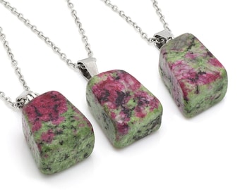Ruby in Zoisite Necklace, Natural Red and Green Gemstone Pendant, Nature Stone Jewelry