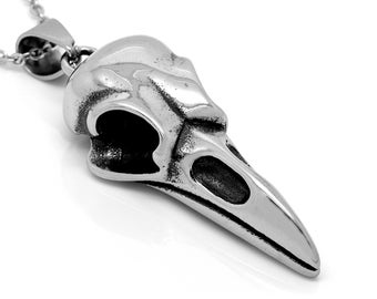 Bird Skull Necklace in Stainless Steel on 24" Chain, Big Two Inch Raven Crow Pendant, Goth Steampunk Jewelry