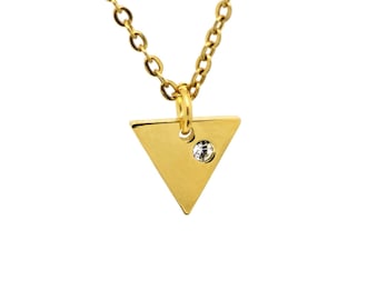 Gold Triangle Charm Necklace with Cubic Zirconia, Simple Minimalistic CZ Pendant, Modernist Jewelry