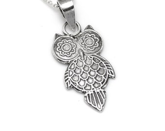 Flat Antique Silver Owl Pendant Necklace, 925 Sterling Bird Jewelry, Nocturnal Animal Pendant