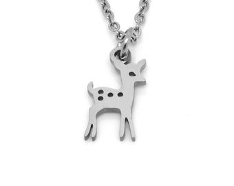 Tiny Deer Necklace in Stainless Steel, Fawn Pendant, Animal Jewelry