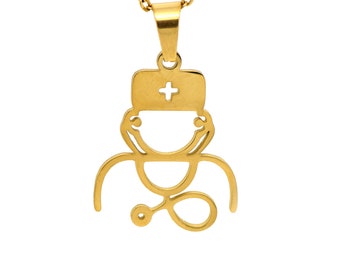 Gold Nurse or Doctor with Stethoscope Necklace, Medic Pendant, Hospital Jewelry