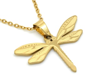 Gold Dragonfly Necklace in Stainless Steel, Golden Insect Charm, Animal Jewelry