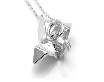 Sterling zilveren origami kraanvogel ketting, papier kunst hanger, dierlijke sieraden