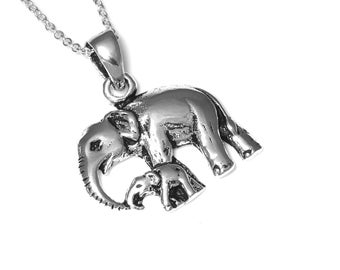 Silver Elephant Mother and Calf Necklace, Sterling 925 Elephants Pendant, African Animal Jewelry
