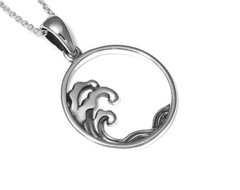 Collier vague en argent sterling, pendentif mouvement, bijoux océan