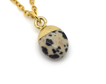 Dalmatian Jasper Charm Necklace, Oval Natural Gemstone Pendant, Faceted Nature Stone Jewelry