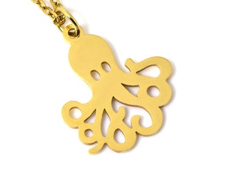 Gold Octopus Necklace, Golden Ocean Pendant, Animal Jewelry in Stainless Steel