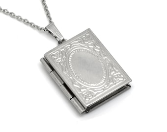 Silver Book Locket Necklace in Stainless Steel, Librarian Jewelry, Bookworm Reader Pendant