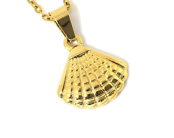 Gold Seashell Necklace, Golden Clam Pendant, Nature Jewelry