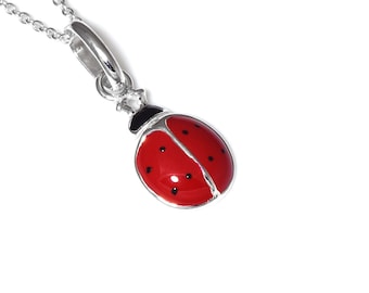 Puede incluir: Un collar de plata con un dije de mariquita roja y negra.