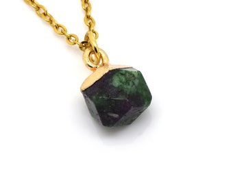 Ruby in Zoisite Charm Necklace, Natural Green Gemstone Pendant, Faceted Nature Stone Jewelry