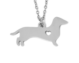Dachshund Necklace with Little Heart, Dog Pendant, Animal Jewelry in Stainless Steel