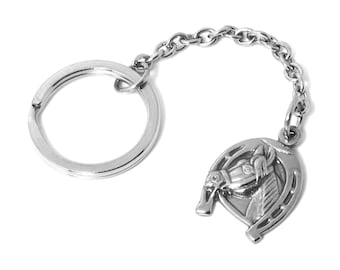 Horse with Horseshoe Keychain in Stainless Steel with 25 mm Key Ring