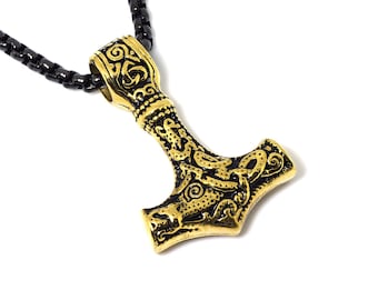 Gold Mjolnir Necklace, Hammer of Thor Pendant, Viking Jewelry in Stainless Steel