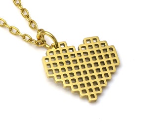 Gold Pixel Heart Necklace, Golden Love Pendant, Valentine Jewelry