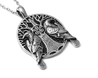 Hugin Munin Raven Necklace, Bird Pendant, Viking Jewelry in Stainless Steel