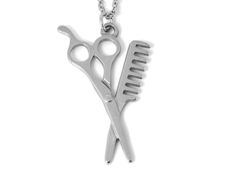 Scissors and Comb Necklace, Hairdresser Pendant, Barber Jewelry in Stainless Steel