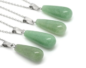 Green Aventurine Necklace, Natural Dyed Gemstone Drop Pendant, Teardrop Stone Jewelry
