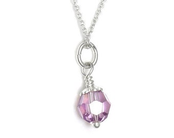 Sterling Silver Wire Wrapped June Necklace with Swarovski 6 mm Light Amethyst Crystal Charm, Pink Jewelry