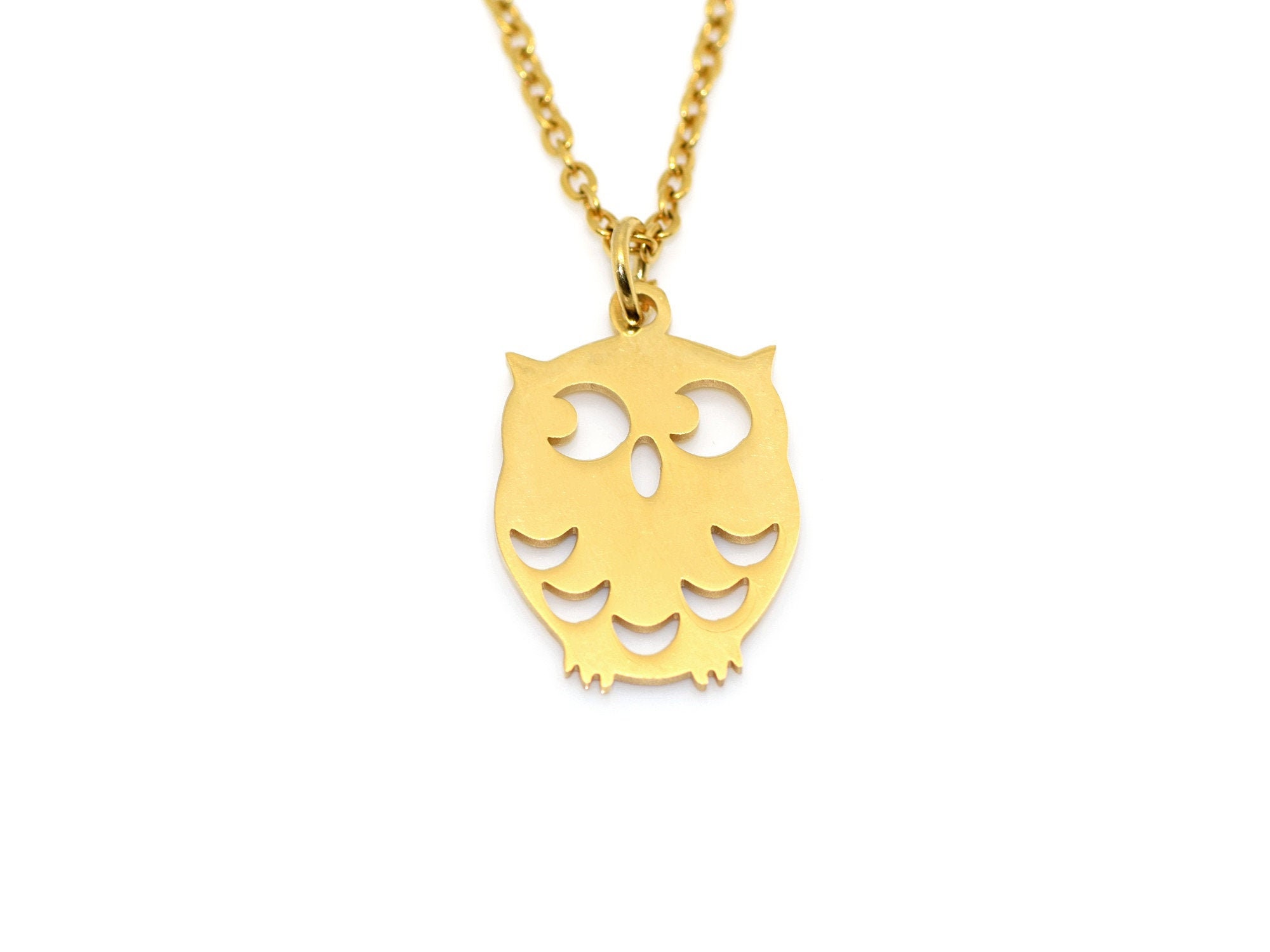 Gold Owl Necklace, Bird Pendant in Stainless Steel, Animal Jewelry