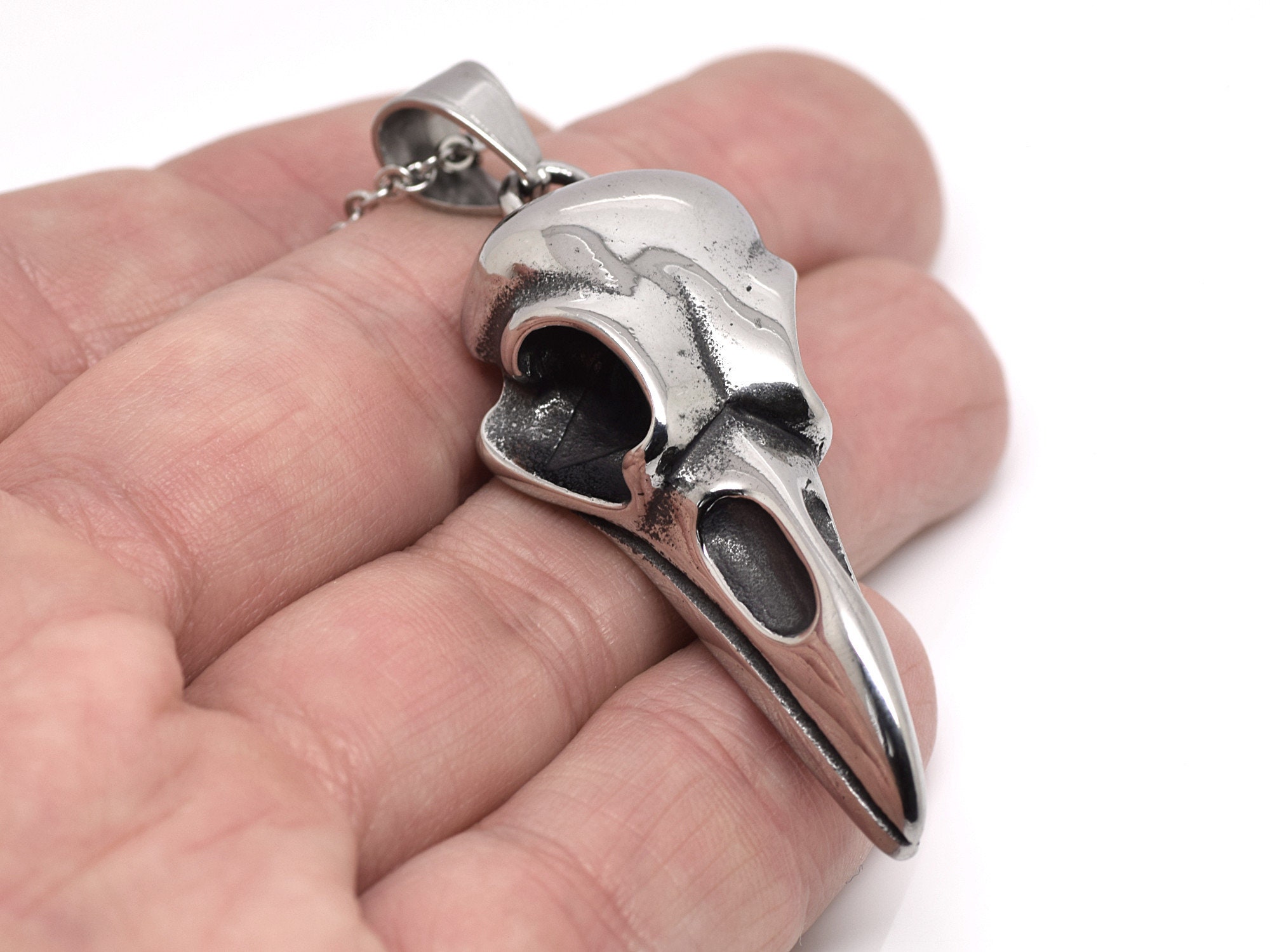 Ciondolo A Forma Di Teschio Di Corvo In Argento 925 Fatto A Mano - Foto 9