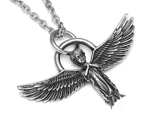 Collana con angelo in preghiera e alone, ciondolo cristiano, gioiello religioso in acciaio inossidabile