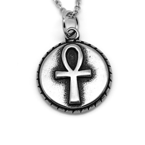 Ankh Necklace in Stainless Steel, Antique Silver Key of Life Symbol Pendant, Egyptian Hieroglyph Jewelry
