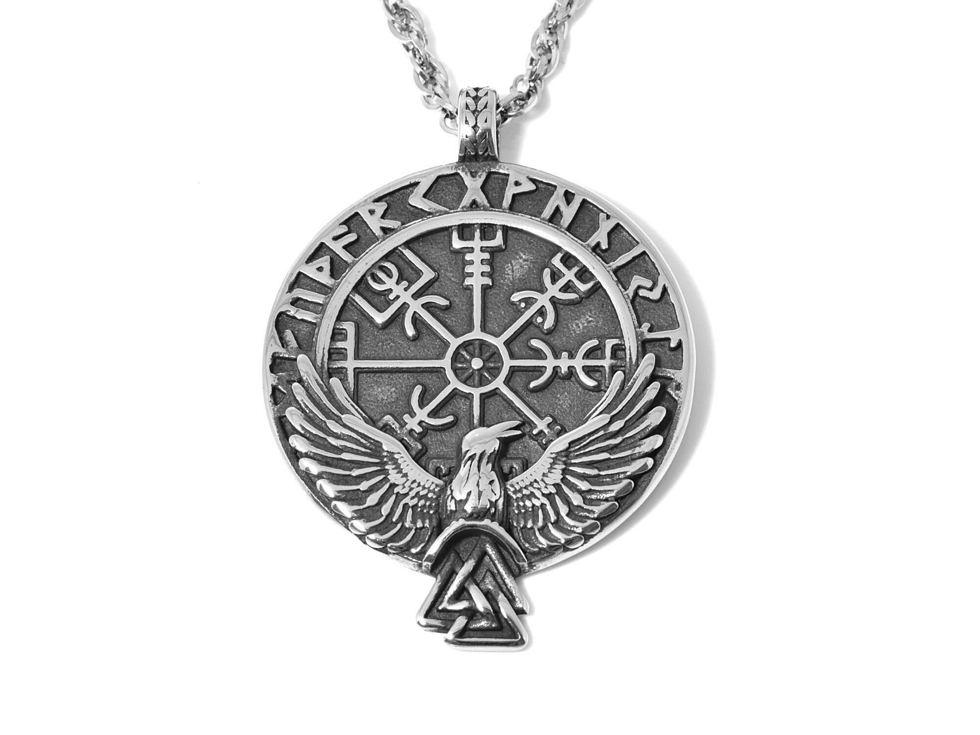 Vegvisir Viking Compass Necklace, Raven Pendant With Futhark Runes ...