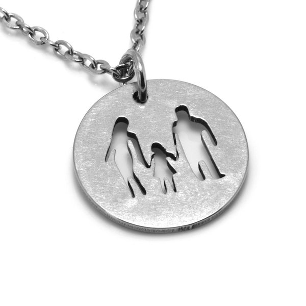 Cutout Family Silhouette Necklace in Stainless Steel, Mother and Father and Child Pendant, Parents Jewelry