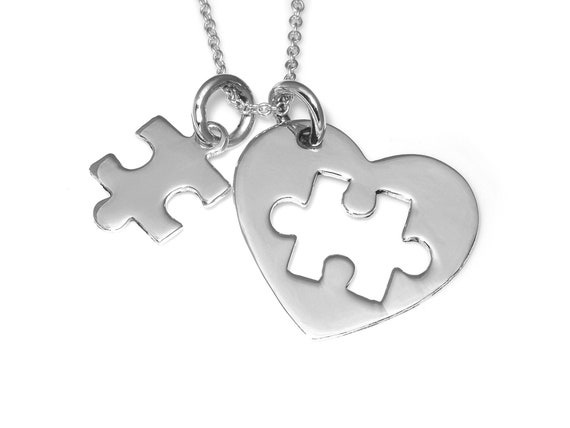 Sterling Silver Puzzle Piece and Heart Necklace, Jigsaw Pendant