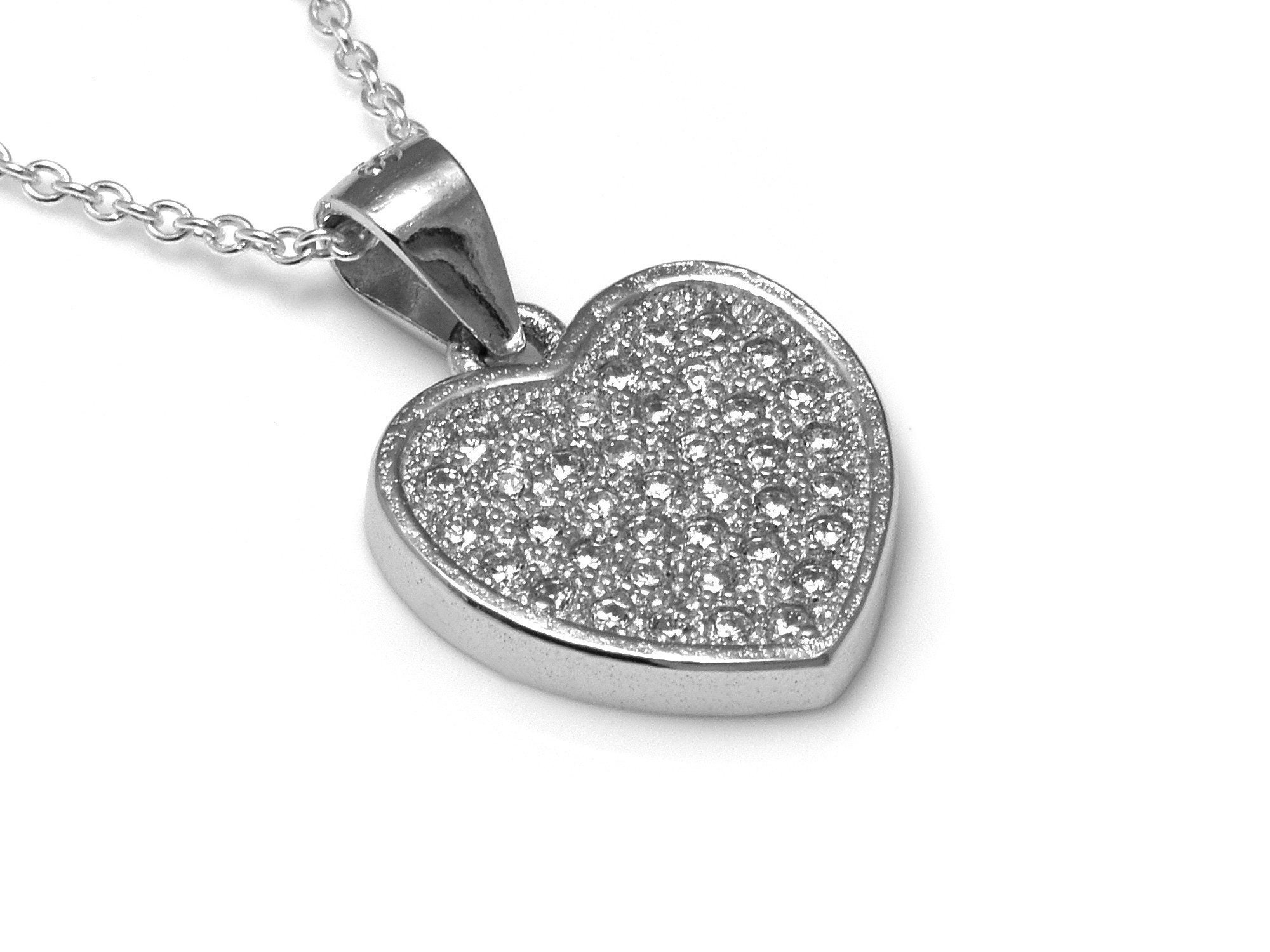 Collier Coeur En Argent Plaqué Avec Zirconium Cubique Pavé 1,5 Carats - 18 Pouces - Neuf Magicbox