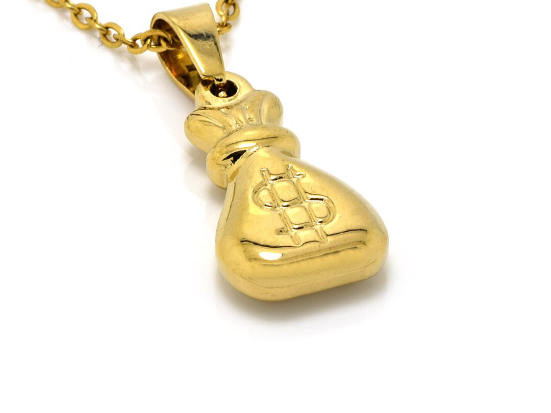 Golden Money Bag Necklace, Gold Cash Pendant, Wealth Charm, Get Rich